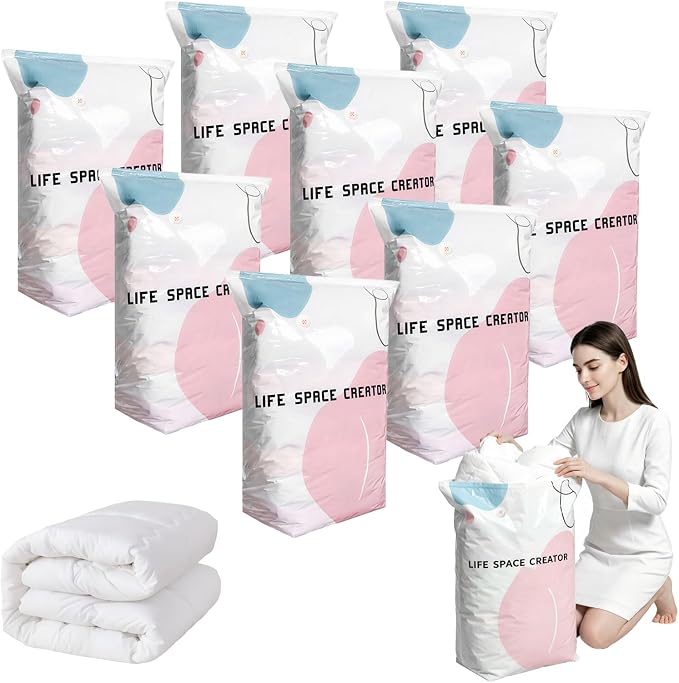 8PCS No Pump Vacuum Storage Bags, No Pump Large Vacuum Storage Compression Bags, Thick Airtight Reusable Organizer for Clothes Comforters Travel Moving Closet Storage (L)