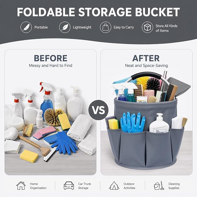 Cleaning Caddy with Handle, 17L Foldable Storage Basket, Heavy Duty 600D Oxford Cloth Organizer, Portable Supply Bag, Multi-Purpose Supplies Caddy for Home, Bathroom, Kitchen, Garden - ( Dark Gray )