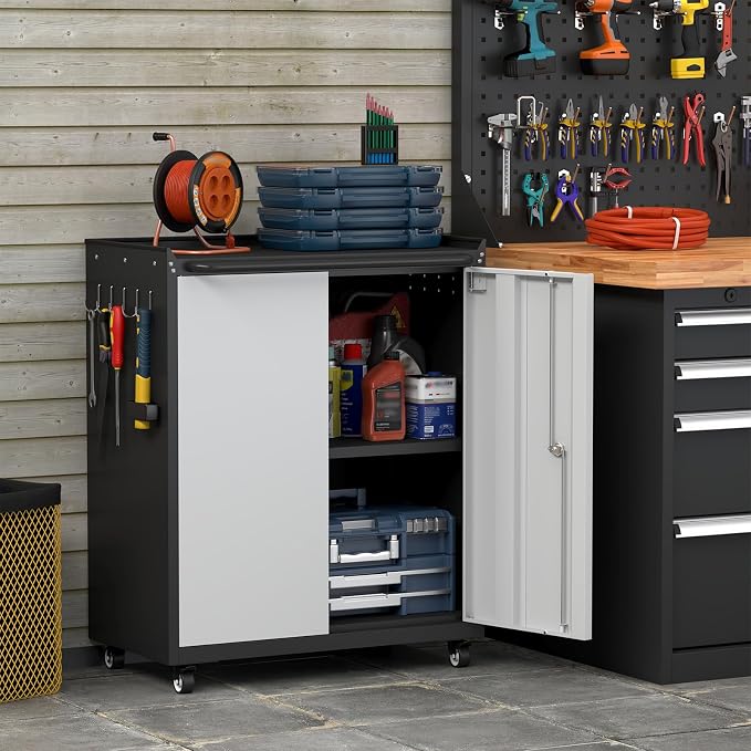 32''H Metal Storage Cabinet with Wheels, Garage Tool Storage Cabinets with Lock, Lockable Steel Rolling Tool Chest with Doors & Adjustable Shelves for Garage, Home, Office
