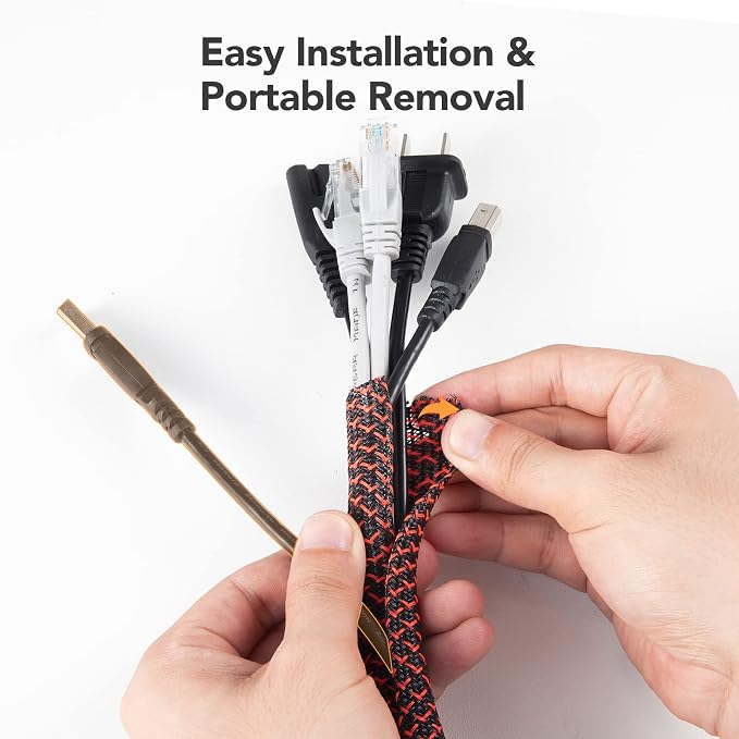 AGPTEK Cable Sleeve, 10ft - 1.2 inch Cable Management Cord Hider, BlackRed | Desk Cord Cover Organizer Wire Hider for Office Computer TV Wire Loom Tubing Pet-Proof Cord Protector from Cat Dog Chewing