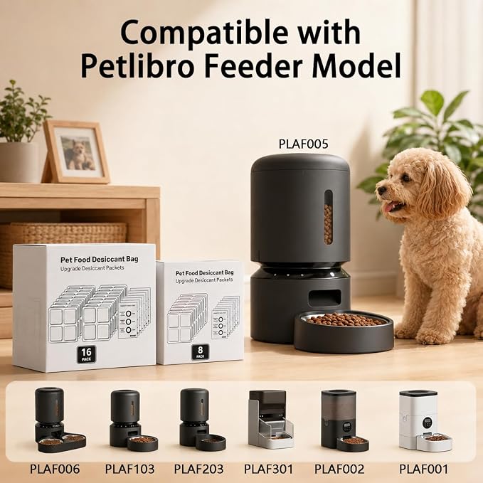 16Pcs Pet Food Desiccant Bags for Petlibro Automatic Cat dog Feeders - Keeps Pet Products Dry and fresh, Moisture Absorber, for Model PLAF001, PLAF101, PLAF005, PLAF006, PLAF103, PLAF203