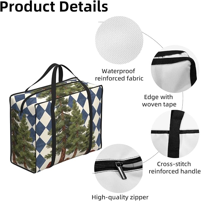 Extra Large Carry Tote Bags Pine Trees With Pinecones On Blue Checkered, Reusable Washable Oxford Fabric Duffle Bag for Laundry Organization and Travel Luggage