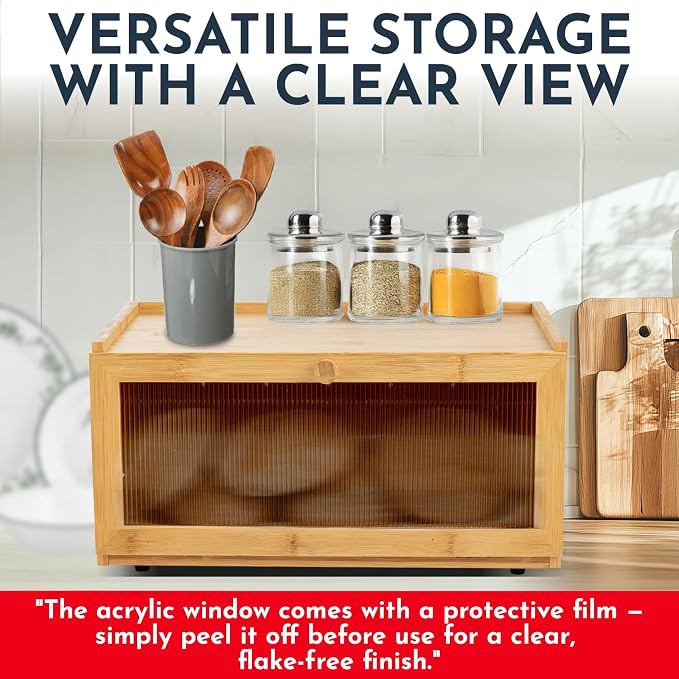 Large Bamboo Bread Box for Kitchen Countertop Acrylic Window, Extra Storage | Bread Box for Homemade Bread with Large Storage Capacity, Acrylic Window and Extra Top Storage