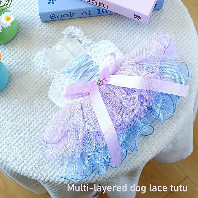 Fancy Small Dog Dress with Bow Knot Sleeveless Girl Puppy Princess Tutu Skirt Holiday Cat Outfit Doggy Apparel Summer Pet Clothes for Chihuahua Yorkie Pomeranian Poodle (Purple, Medium)