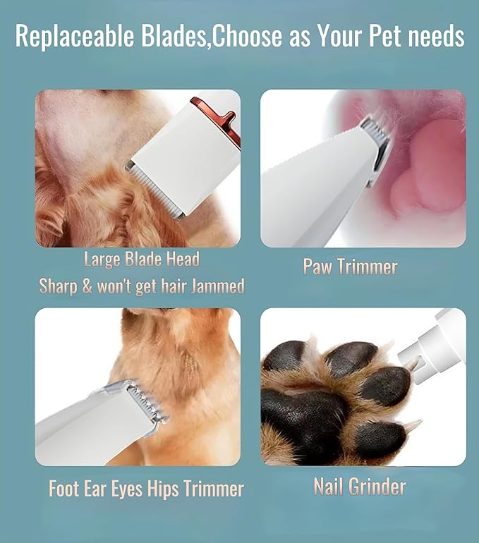 Dog Clippers Grooming Kit 4 in 1 Pet Hair Clipper-Low Noise Dog Paw Trimmer- Rechargeable - Cordless Quiet Pet Dog Cat Nail Grinder Trimming Hair Around The Eyes and Ears for Dogs and Cats (White)
