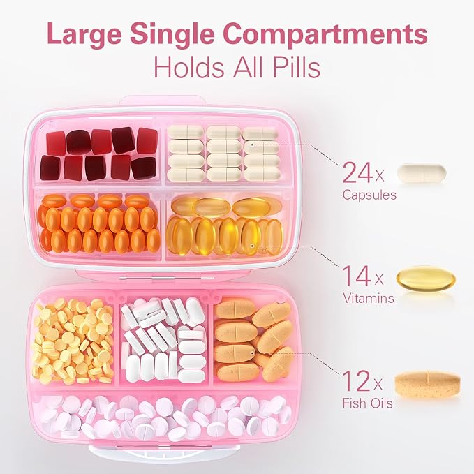 Barhon Large Pill Organizer with 8 Compartments, Large Pocket Pharmacy Travel Pill Box Moisture-Proof, Portable Vitamin Organizer for Fish Oil & Supplements (Pink)