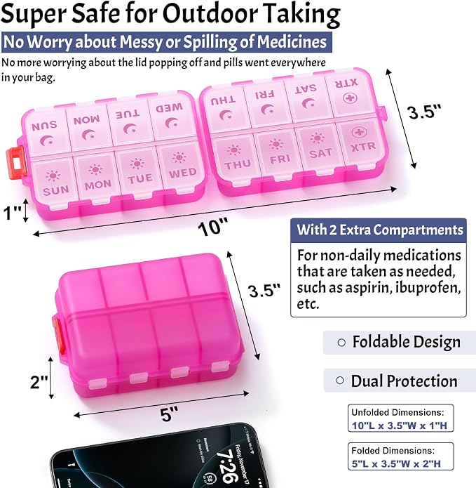 Foldable Weekly Pill Organizer 2 Times a Day with 2 Extra Compartments - Etched Labels - Portable 7 Day AM PM Medicine Box, Week Daily Travel Pill Case Holder for Meds, Vitamin, Supplement -Clear Pink