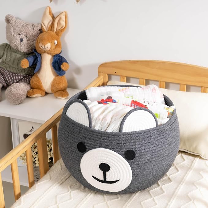 CherryNow Large Baby Basket for Gifts Empty, Cute Bear Design, Grey | 15.7" x 10.5" Baby Shower Basket With Handles, Cotton Rope Basket for Toys Diaper Caddys Storage, Fits Living Room Nursery