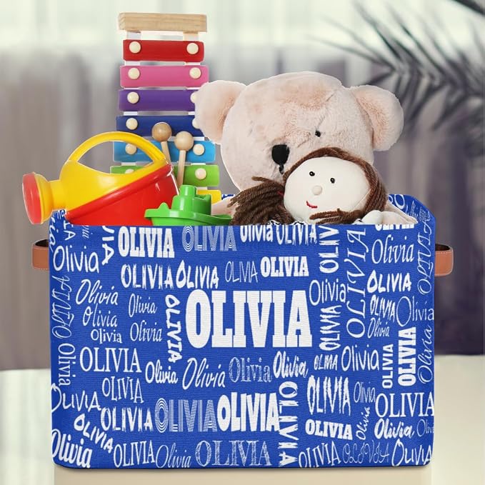Personalized Kids Toy Box Storage Basket with Name, Royal Blue | Organizing Boys Girls Pets Toys Closet Shelf Clothes Books