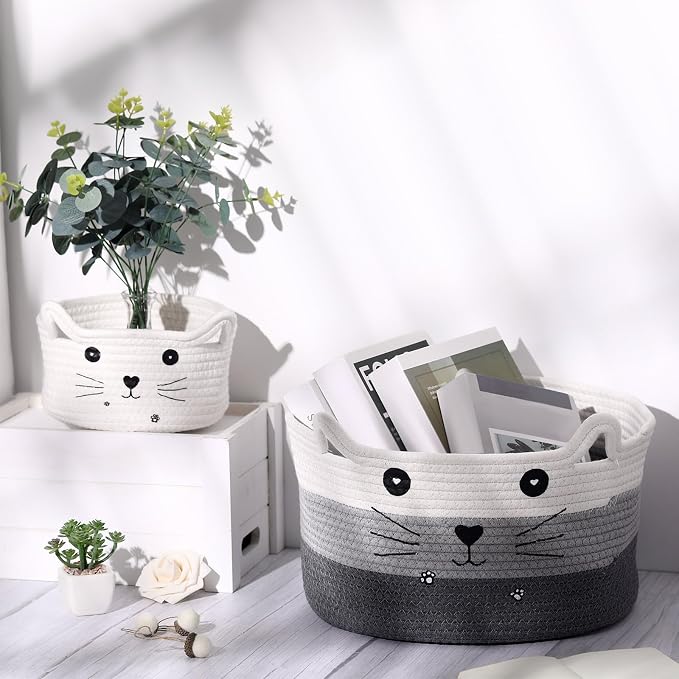 Zopeal Cat Woven Gift Basket Storage,13.7 x 7.8 Inch,Dark Gradient | Cute Cotton Rope Organizer with Handles for Toy Box, Nursery Decor, Decorative Bin, Pet Supplies Holder, Desk Storage