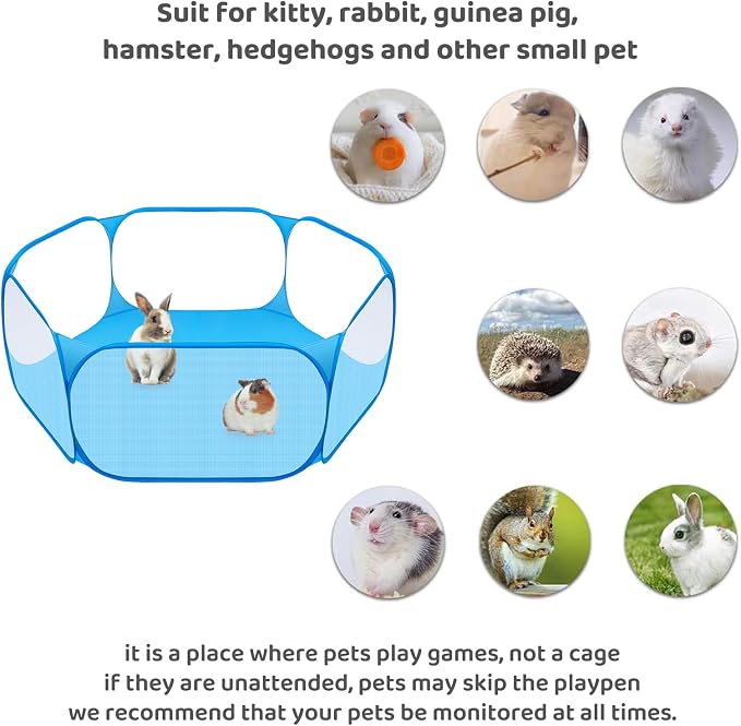 Amakunft 2 in 1 Small Animal Playpen with Waterproof Pad, Pop-Up Portable Play Yard for Guinea Pigs, Rabbits, Hamsters, Hedgehogs, Foldable Exercise Fence with Breathable Mesh for Indoor Outdoor Use