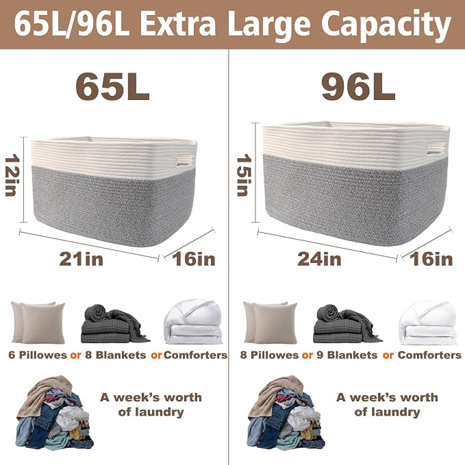 JMvicyroam 96L Large Woven Cotton Rope Blanket Basket, White&Grey | Blanket storage for living room or bedroom use, Freestanding with reinforced handles, Entire basket is machine washable