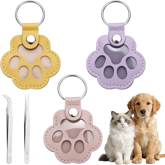 Dog Fur Storage Keychain, Pet Fur Keepsake Keyrings, Paw Shaped, Pet Hair Keepsake Keychains with Tweezers