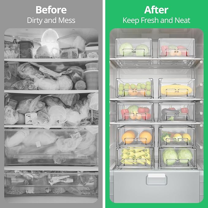 damynuo 2 Pack Refrigerator Drawers - Fridge Organizer Bins Stackable Storage Drawers, Clear Refrigerator Organizing Containers Pull Out Drawer for Fruit, Vegetable Storage and Keep Fresh