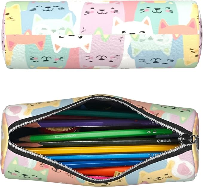 OSAM SPACE Leather Pencil Case Round Pencil Bag Cute Cats Pet Pen Organizer Holder Portable Zipper Pouch Cute School Supplies for Girls Boys Study Office