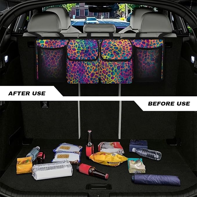 Dreaweet Rainbow Leopard Print Trunk Organizer for Car Women Collapsible Car Trunk Storage Organizer with 4 Pockets Backseat Hanging Organizer for SUV Truck Minivan Auto Accessories Interior