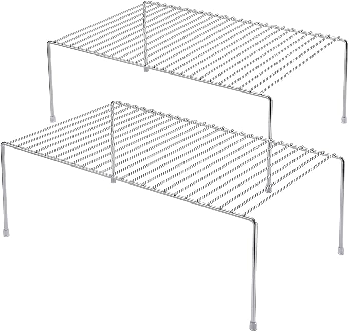 Kitchen Cabinet Storage Shelf Rack, Set of 2 Large (15.7 x 9.4 Inch) Rustproof Metal Wire Shelves Spice Shelf Rack Cupboard Organizer for Pantries Countertops Utensils Organization, Chrome