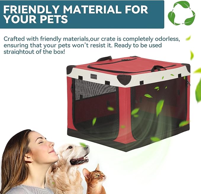 PETSFIT 26" Soft Portable Dog Crate – Patented Spiral Sturdy Frame, Collapsible Travel Kennel for Small Dogs, 3 Mesh Door, Lockable Zippers, Indoor & Car Use Red