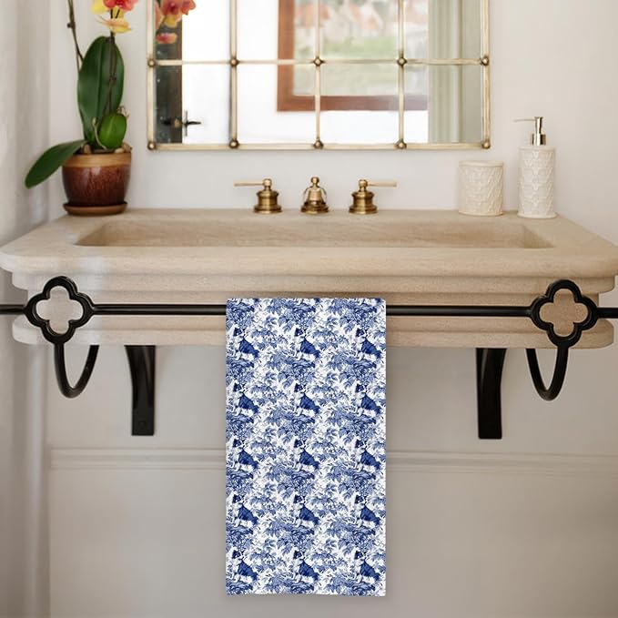 Chicimln Chinoiserie Australian Shepherd Dog Kitchen Towels, Australian Shepherd Gifts Decorative Hand Towels for Bathroom, Blue and White Dog Dish Tea Towel Drying Cloth for Kitchen, 16x24 Inch