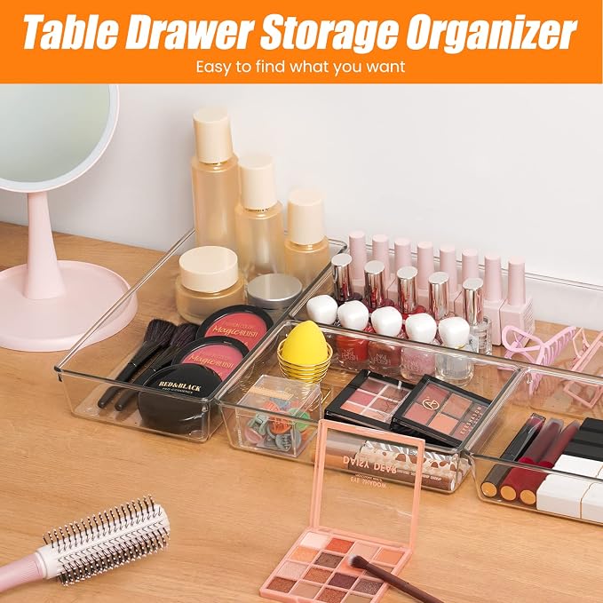 6 Pcs Large Size Clear Drawer Organizer Set, Acrylic Non Slip Non Cracking Kitchen Drawer Storage Tray Divider, Multifunctional Storage for Cosmetics, Bathroom, Tools, Kitchen and Office