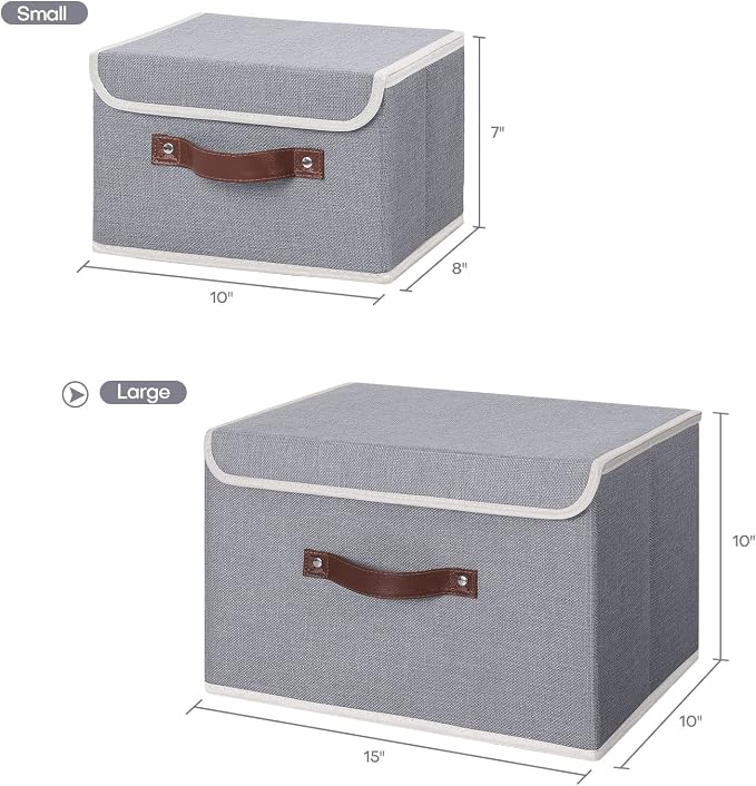 ANMINY Fabric Storage Box Bins with Lids, Gray, 15"x10"x10", 2 Pack | Keepsake Memory Storage, Cotton Linen, PP Board Reinforced, Washable, PU Handles, Foldable & Stackable, Decorative, Large