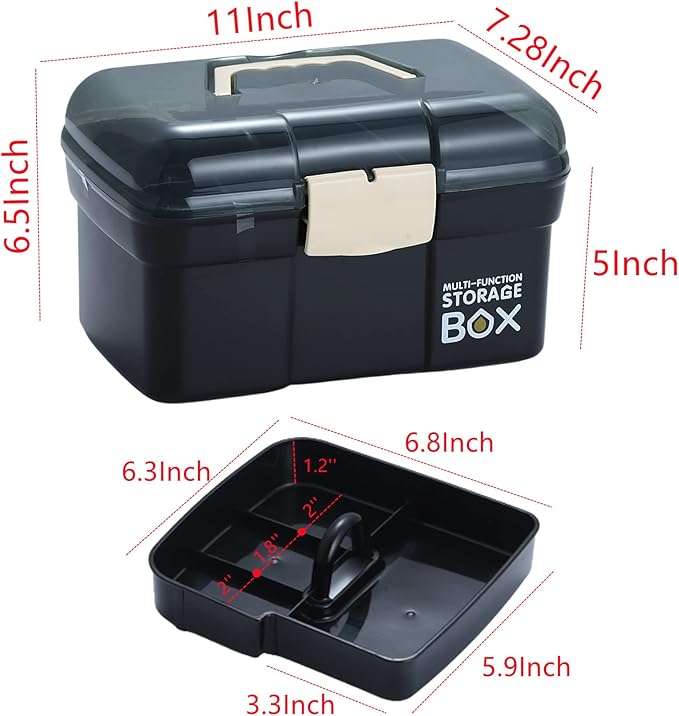 Kinsorcai 11'' Plastic Box Organizer with Removable Tray, Sewing Organizer, Craft & Art Supply Multipurpose Storage Box for Cosmetic (Black)