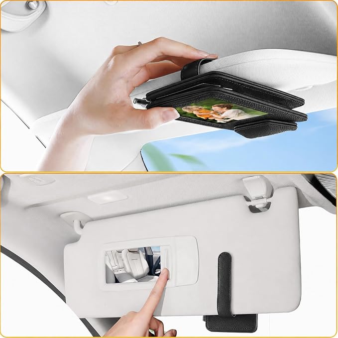 HOLDCY Car Visor Organizer with Registration Holder and Sunglasses Clip | Black PU Faux Leather With Photo Window, Flip-Open Card Storage, Slim Profile And Tool-Free Setup; 1 Piece