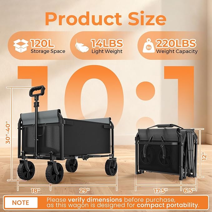 3-in-1 Portable Collapsible Wagon Cart with Removable Side | Utility Groceries Wagon, Foldable Cart for Dogs Pets Shopping Camping Beach Sports Gardeing Fishing, Black