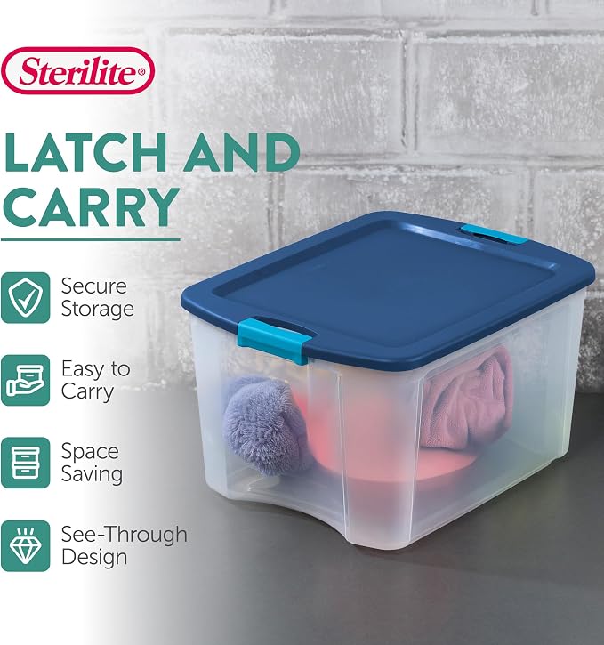 Sterilite 18 Gal Latch and Carry, Stackable Storage Bin with Latching Lid, Plastic Container to Organize Closets, Clear with Blue, 18-Pack