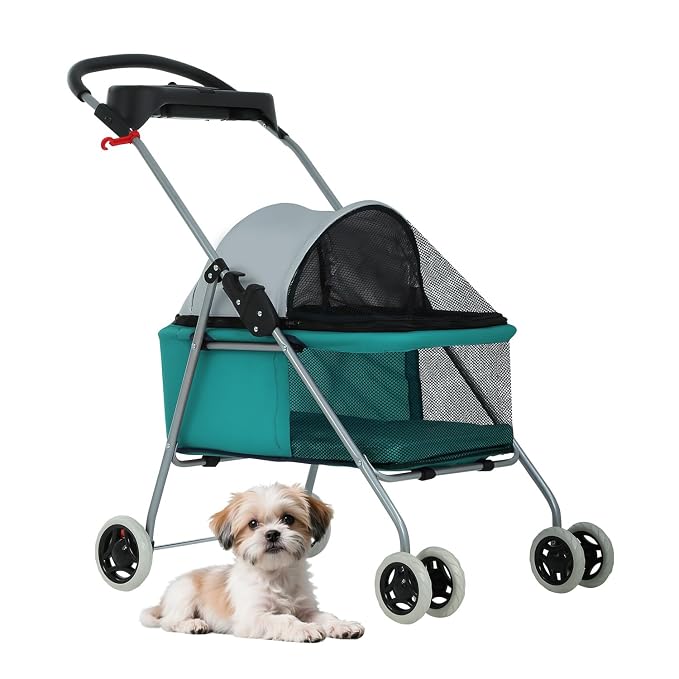 BestPet Foldable Pet Stroller for Small/Medium Dogs and Cats Up to 33 lbs | 4-Wheel Stroller Pet Strolling Cart w/ Breathable Mesh, Lockable Rear Wheels, Cup Holder/Tray & Storage Box, Teal