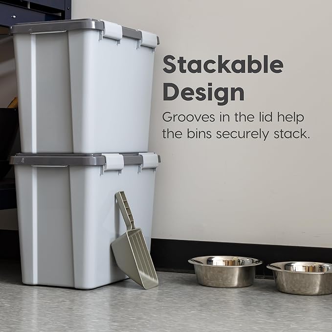 IRIS USA Dog Food Storage Container, Up to 30 lbs, Gray/Dark Gray | Made in the USA, Comes with 2-Cup Scoop, Stacklable, BPA-Free, 4 Secure Latches, Bird Seed, Chicken Feed, Pellets, Camping