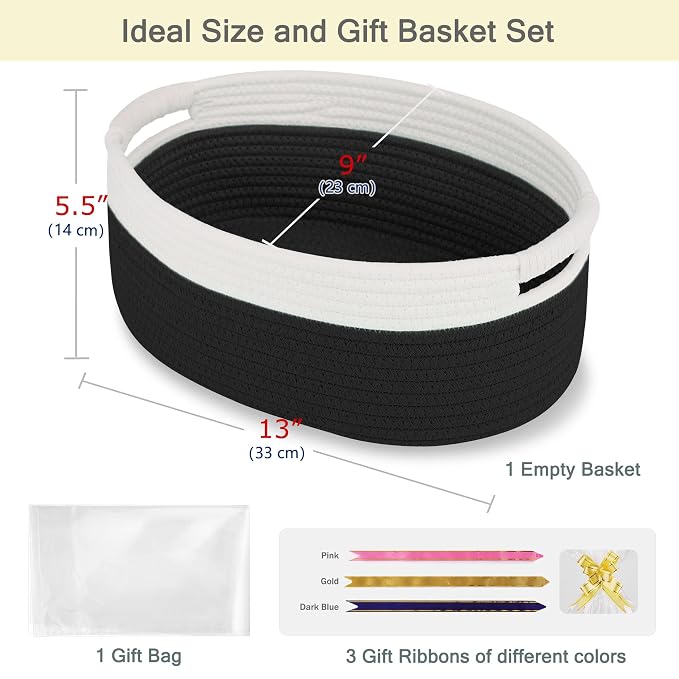 Small Woven Gift Basket with Bag & Ribbons, Black | Cotton Rope, 13”x 9”x 5.5”, Fits for Kids, Women & Men, Bedroom, Living Room, Nursery & Bathroom Storage, Cat & Dog Toy Boxes