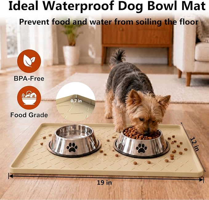 MateeyLife Silicone Waterproof Mat for Dog & Cat Food Mat 19"X12" | BPA-Free Non-Slip Pet Feeding Mat, Dog Food Tray for Food & Water Bowls, Protect Floor Against Spills, Khaki