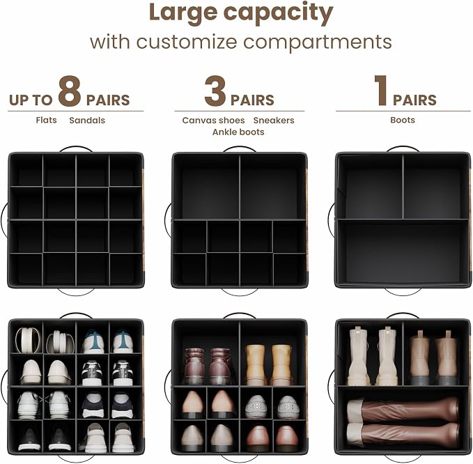 Varhomax Shoe Organizer Box for Closet, Fabric Storage Basket | Foldable Shoe Bin with Adjustable Dividers & Clear Cover, Saving Space Sneakers & Sandals Containers for Entryway, Cubby