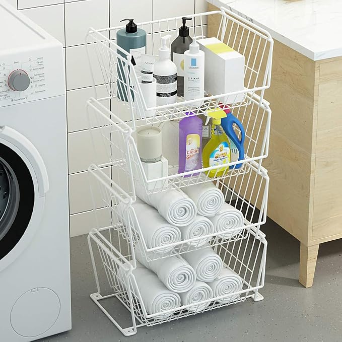 PUSDON 4-Tier Large Stackable Wire Storage Baskets with Wheels, Metal Rolling Utility Cart Organizer, Produce Basket for Kitchen Pantry, Floor Shelf, Classic White