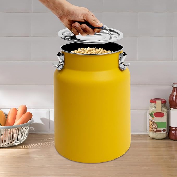 12L Stainless Steel Rice Storage Container with Airtight Lid&Handle, Yellow | Secure 3-Buckle Locking Lid, Portable Handle and Wide Opening, Stores Rice, Flour, Pet Food, Tea, Oil, Milk, Grains