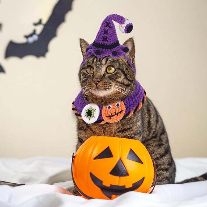 Kunyeah Halloween Pet Costume Set for Cats Small Dog Adjustable Knitted Hat Scarf Pumpkin & Witch Print Puppy Bib Cute Crochet Cat Collar Cap Pet Apparel Outfit (Purple-Eyes)