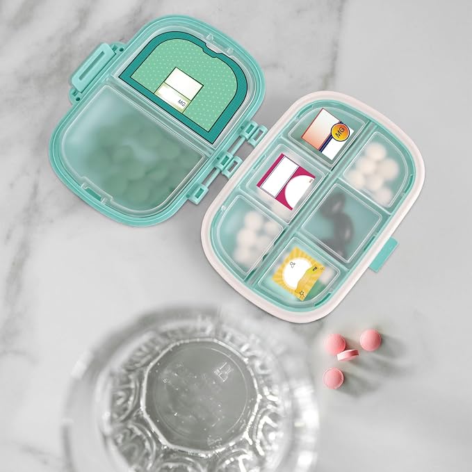 1Pack Travel Pill Organizer & 56 Medicine Name Stickers, Blue | [8 Compartments Portable Pill Case] [Small Pill Box for Pocket Purse Portable Medicine Vitamin Container]