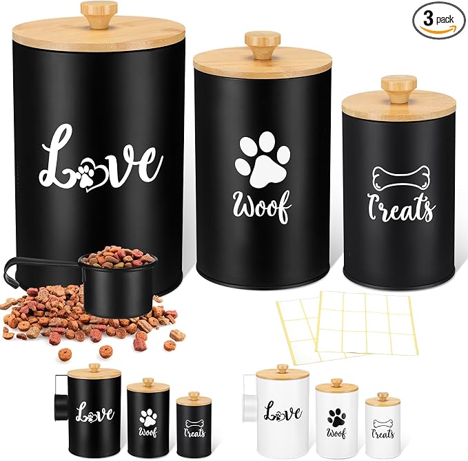 Tioncy 3 Pcs Dog Treat Container Airtight with Lids Spoon 8 x 5 & 7 x 4 & 6 x 4 Inch Dog Treat Jars for Counter with DIY Labels Pen Small Pet Food Storage Canister Cookie Snack Jars for Kitchen(Black)