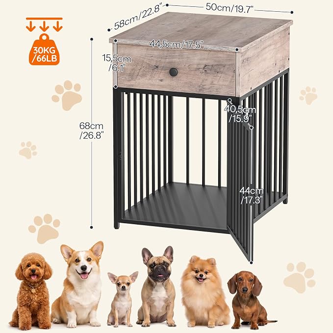 HOOBRO Dog Crate Furniture, Wooden Dog House, Decorative Dog Kennel with Drawer, Indoor Pet Crate End Table for Small Dog, Steel-Tube Puppy Cage, Chew-Proof, Greige BG01GW03