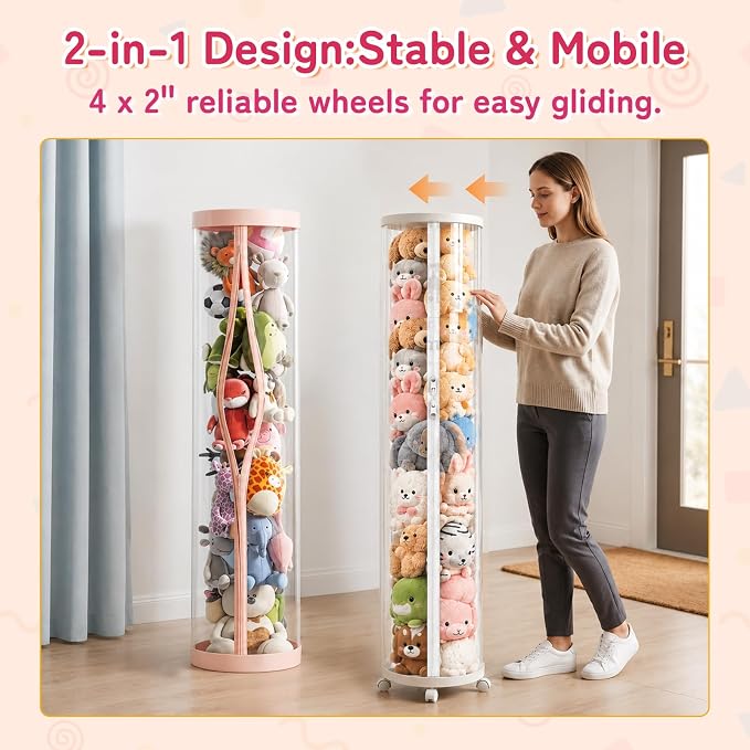 Large Stuffed Animal Storage Tube with Wheels, 59''×11''Toy Organizer with Double Zipper, WhiteClear PET Cylinder Container for Plush Toy Organization, Space Saving Kids Room Storage