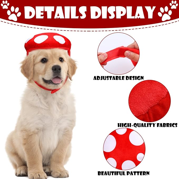 Huhumy Dog Mushroom Hat, Red White Dot Pet Costume for Halloween Christmas | Adjustable Chin Strap Fit, Cottagecore Party Accessory, Fits Cats and Small Dogs, Festive Holiday Cosplay Dress up Prop