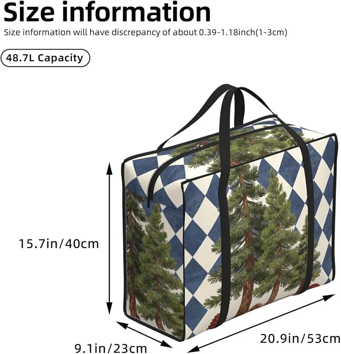 Extra Large Carry Tote Bags Pine Trees With Pinecones On Blue Checkered, Reusable Washable Oxford Fabric Duffle Bag for Laundry Organization and Travel Luggage
