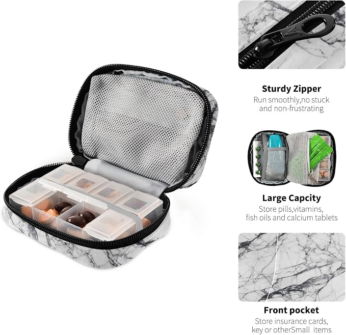 Marble Pill Case, Portable Weekly Pill Box Bag Container 7 Days Pill Organizer Vitamin Supplement Holder with Zipper for Travel Family Business Gym