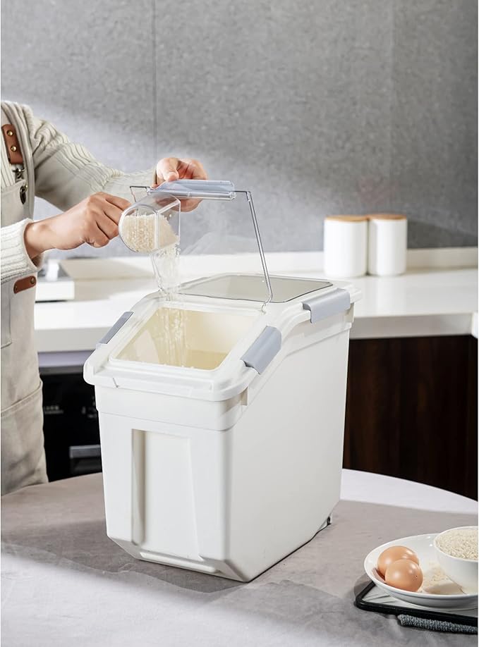 25 Liter / 40 lbs Rice Storage Container with Measuring Cup, BPA free, For Rice | Grain | Pet Food | Flour, 2 count, White