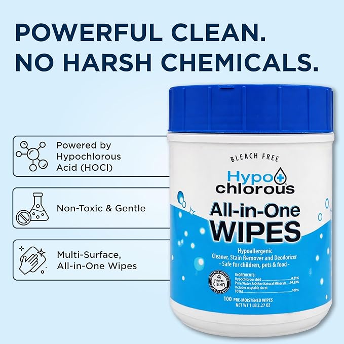 Hypochlorous Acid Wipes – 100 Count Non-Toxic Cleaner for Skin, Baby, Pet, Home & Gym – Bleach-Free