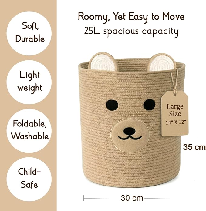 Nursery Storage Basket, 25L Large Woven Cotton Rope Baby Bin with Bear Design, Foldable Washable Laundry Hamper, Kids Room Decor Organizer for Toys, Blankets & Baby Essentials (Brown Bear)