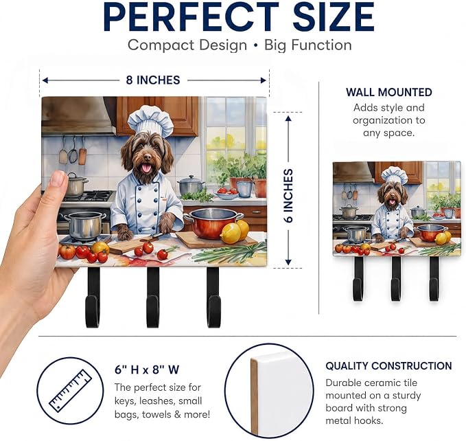 Caroline's Treasures Wirehaired Pointing Griffon The Chef Leash or Key Holder Wall Hooks, Key Hooks Holder, Coat Rack Wall Mount, Coat Hooks, Hooks for Hanging Keys, Towels, Aprons, Leashes | Wirehaired Pointing Griffon The Chef artwork on ceramic tile...