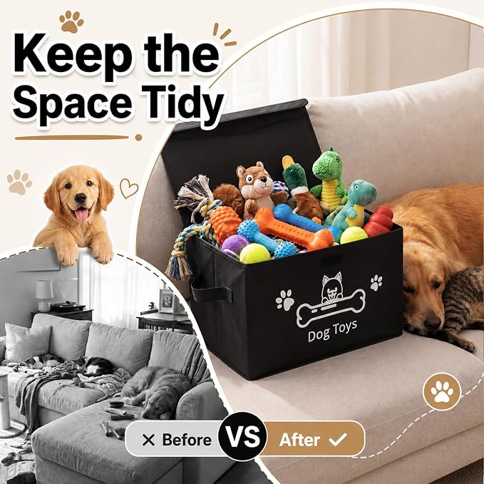 Novabright Dog Toy Basket with Lid Foldable Dog Toy Storage Bin with Clear Window Large Pet Storage Box with Handles for Pet Essentials Organization, 14.9 x 9.8 x 9.8 Inch(Black)