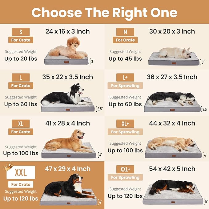 OhGeni Orthopedic Waterproof Large Dog Bed, Memory Foam, 47 inch(Brown) | Machine-Washable Removable Cover in Easy-Clean Fabric, Reversible Memory Foam & Easy-Carry Handle, Suitable for Crate
